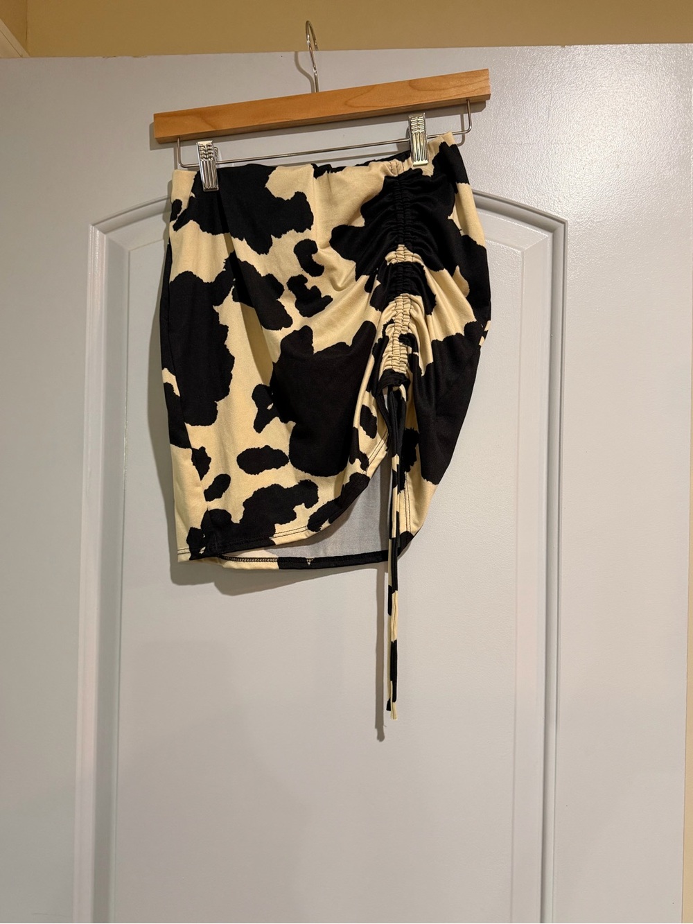 Windsor Black and Cream Cow Print Ruched Drawstring Mini Skirt